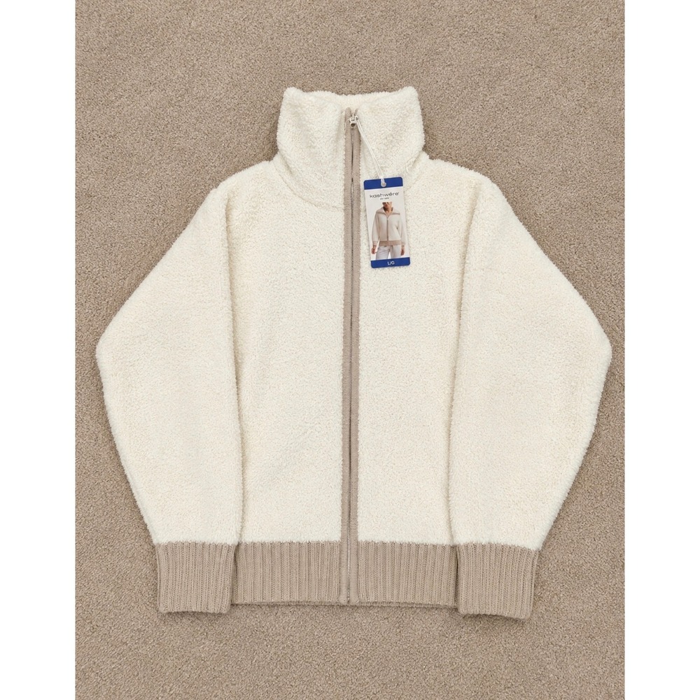 Kashwere Womens Full Zip Fleece Jacket Cream Tan Ribbed Trim Mock Neck NWT L/G